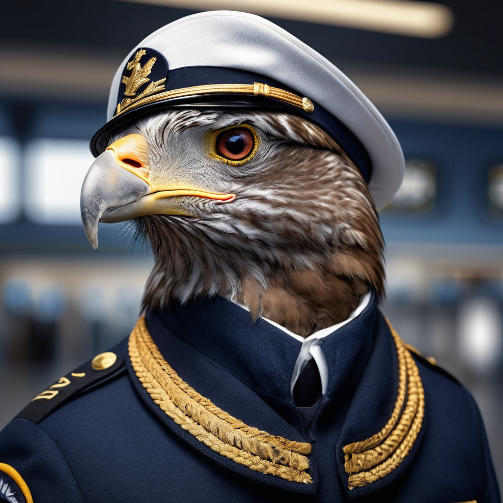 Buzzard wearing a navy airline uniform in an airport terminal