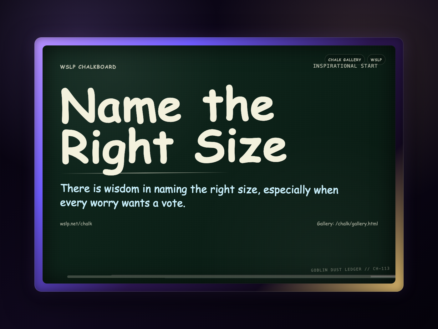 WSLP chalkboard reading Name the Right Size. There is wisdom in naming the right size, especially when every worry wants a vote.